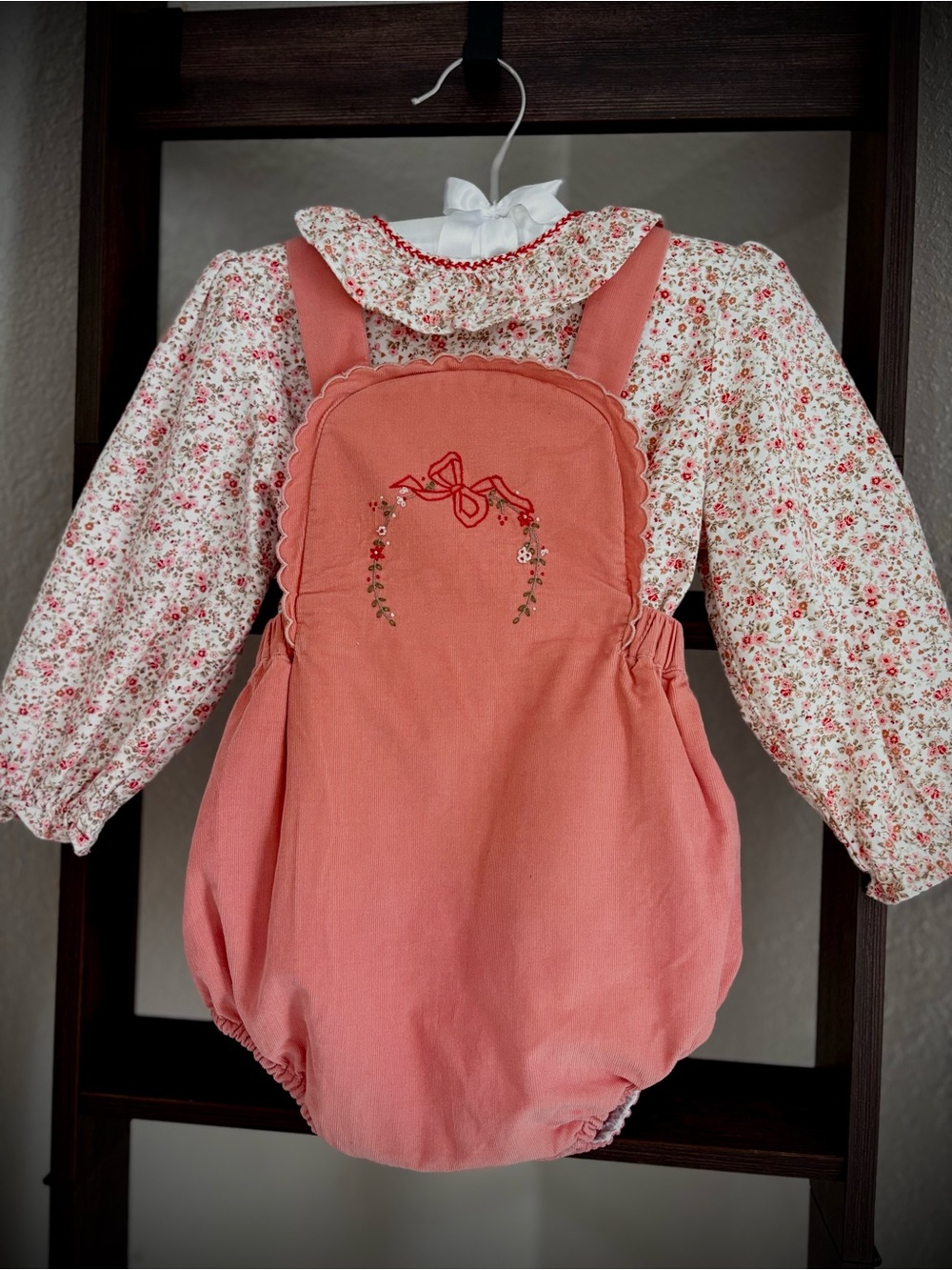 Coral Pink Embroidered Girls Suspender Romper by. brand Sophie & Lucas